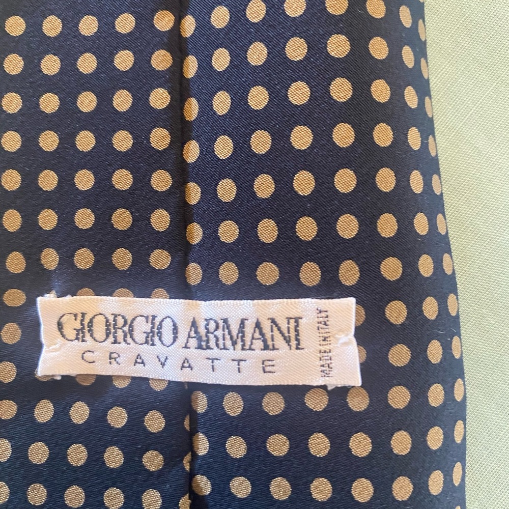 Giorgio Armani Navy Blue Silk Tie with Copper Polka Dots.